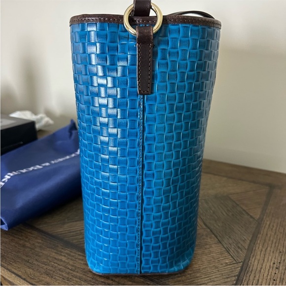 Dooney & Bourke Bright Blue Woven Leather Bucket Bag with Brown Trim - Picture 4 of 13